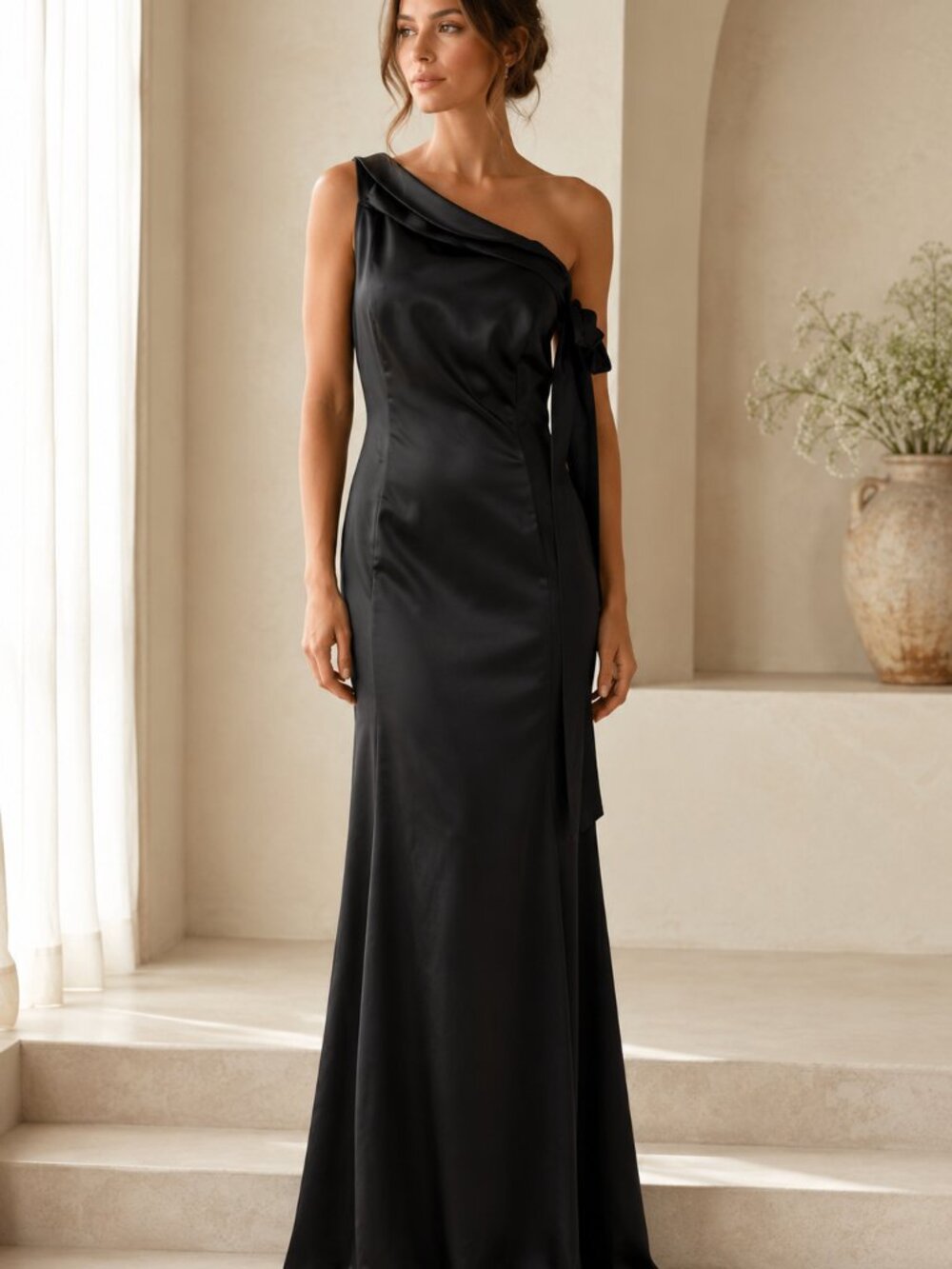 Alvina Valenta Black Satin Evening Gown Asymmetrical Formal Maxi Dress Black Tie
